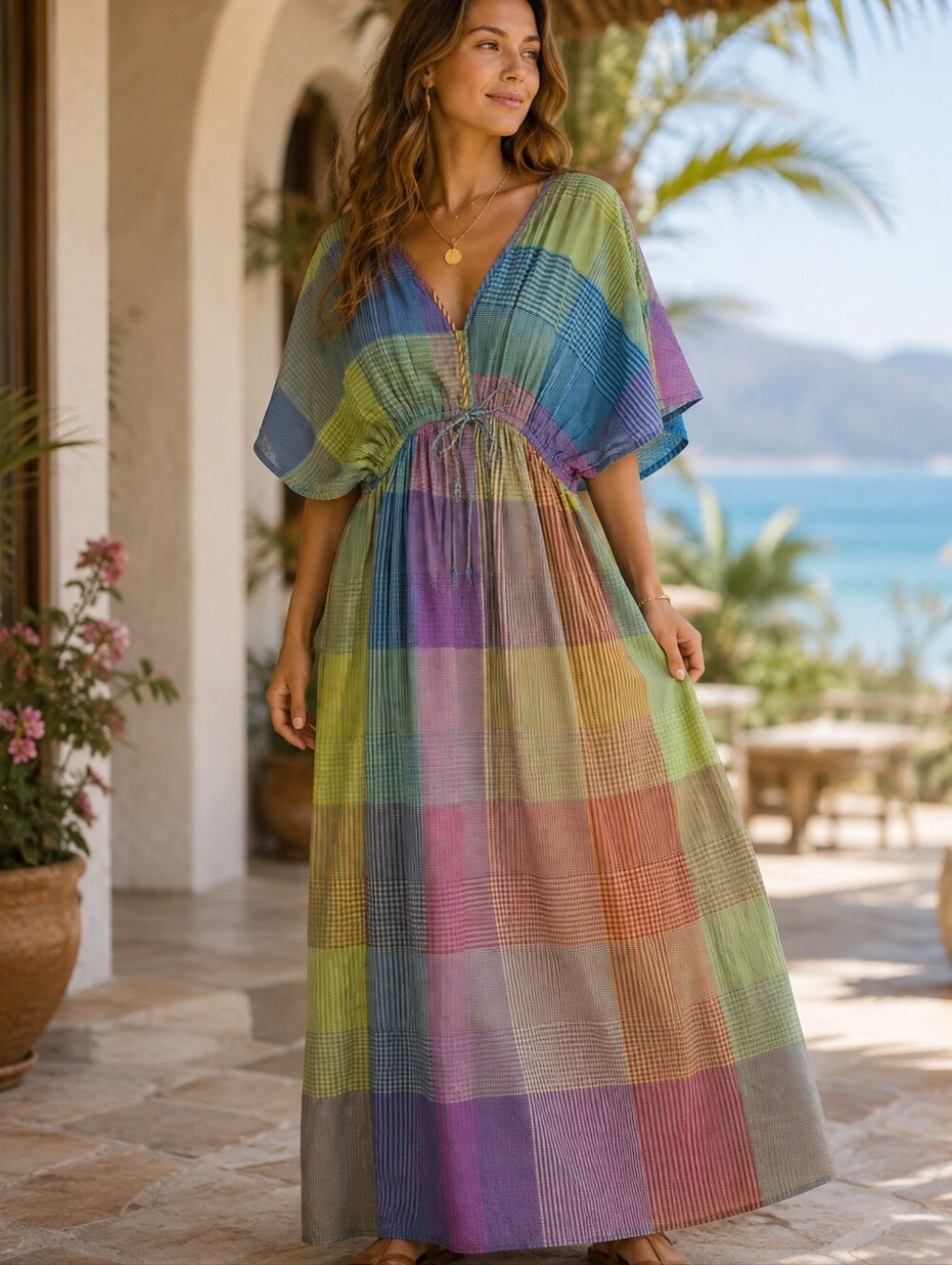 World Market Boho Beach Hippy Maxi Dress Cover Up Patchwork Print V-Neck Sz S/M